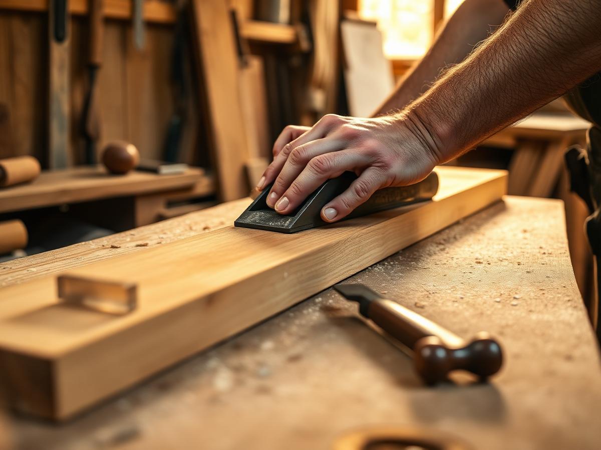 A craftsman hand-planing an oak table top in the workshop